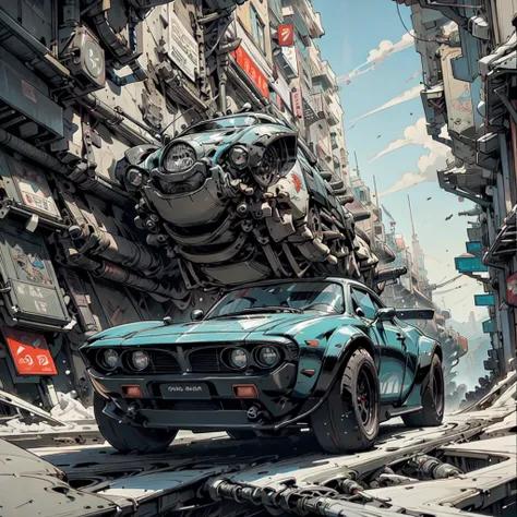 Cool sports cars - post-apocalypse, cyberpunk. Geometry. Highest quality, masterpiece. Image of sports cars. 3D rendering, visualization of a composition from complex fractals. Fantastic composition. Scenery for a science fiction film. Stylization Anime, c...