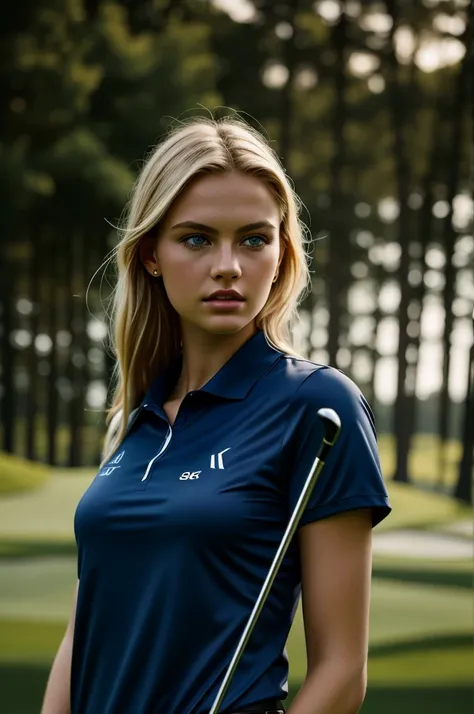 beautiful european girl with blue eyes and blonde hair, wearing a golf polo outfit, in a golf field, holding a golf club, ultra high resolution,  (photorealistic: 1.4), high resolution , (finely detailed skin), (blue eyes), (perfectly proportions) (photos ...