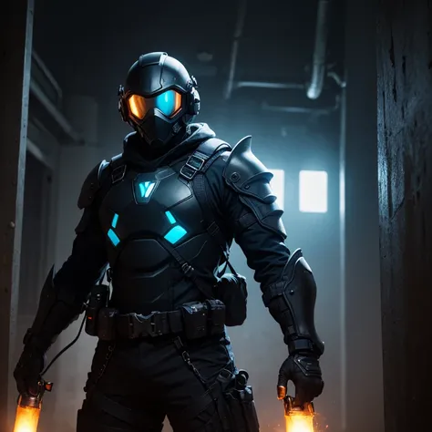 ((best quality)), ((masterpiece)), (detailed), man in a blue trench coat holding suppressed revolver, black armor, in a dark space mercenary outfit, black tactical armor, pyro, blue uniform, stealth suit, face not visible, dive helmet, visor glowing cyan