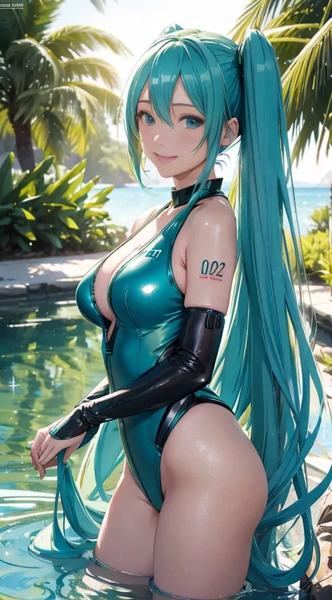 ultra detailed, NSFW:2.0, Hatsune Miku, photorealistic, cinematic lighting, (seductive anime girl), beautiful style, fair skin, beautiful charming anime woman, masterpiece portrait, smile, blue green long hair, twin tails, shining blue eyes, (monokini), se...