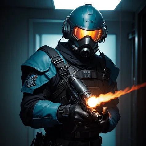 ((best quality)), ((masterpiece)), (detailed), man in a blue trench coat holding suppressed revolver, black armor, in a dark space mercenary outfit, black tactical armor, pyro, blue uniform, stealth suit, face not visible, dive helmet, visor glowing cyan