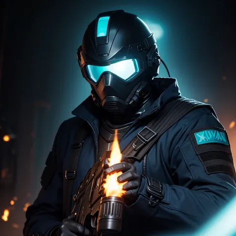 ((best quality)), ((masterpiece)), (detailed), man in a dark blue trench coat, holding suppressed revolver, black armor, in a dark space mercenary outfit, black tactical armor, pyro, dark blue uniform, stealth suit, face not visible, dive helmet, visor glo...