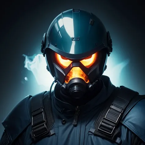 ((best quality)), ((masterpiece)), (detailed), man in a dark blue trench coat, black armor, in a dark space mercenary outfit, black tactical armor, pyro, dark blue uniform, stealth suit, face not visible, dive helmet, visor glowing cyan