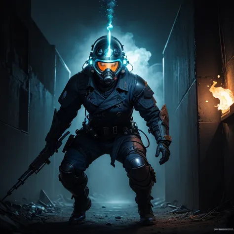 ((best quality)), ((masterpiece)), (detailed), man in a dark blue trench coat, black armor, in a dark space mercenary outfit, black tactical armor, pyro, dark blue uniform, stealth suit, face not visible, dive helmet, visor glowing cyan, full body