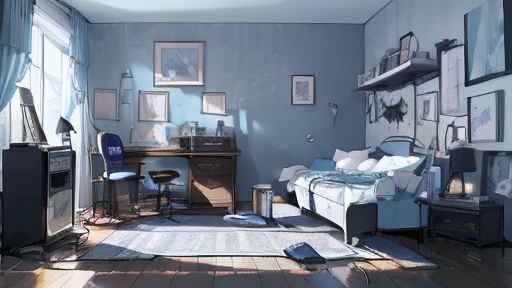 (best quality, masterpieces:1.4), detailed, super fine illustration, (background only), streaming and bedroom scene,from horizontal level,sense of openness,bookshelf,electric guitar,guitar amp,single bed, grey blanket, grey wallpaper, blue rug,blue neon li...