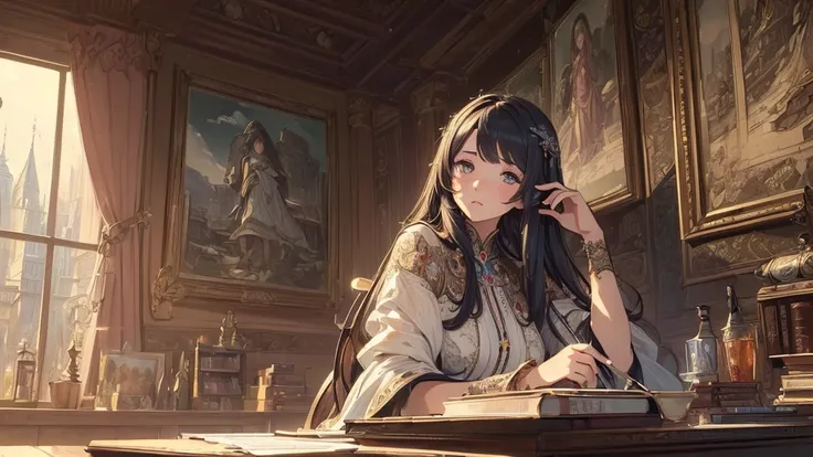 (masterpiece, best quality, high resolution, high quality, super fine illustration, ultra detailed illustration:1.5), detailed skin, detailed face, detailed eyes, detailed background, Reyvateil, alone, She is nestled among many books, (long shot:1.2),