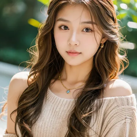 1girl in, cute Thai 19years old, Solo, Long hair, , view the viewer, long wavy hair, Bare shoulders, Brown eyes, jewely, full bodyesbian, a necklace, cropped shoulders, Sweaters, Realistic, A sexy