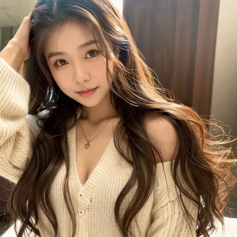 1girl in, cute Thai 19years old, Solo, Long hair, , view the viewer, long wavy hair, Bare shoulders, Brown eyes, jewely, full bodyesbian, a necklace, cropped shoulders, Sweaters, Realistic, A sexy