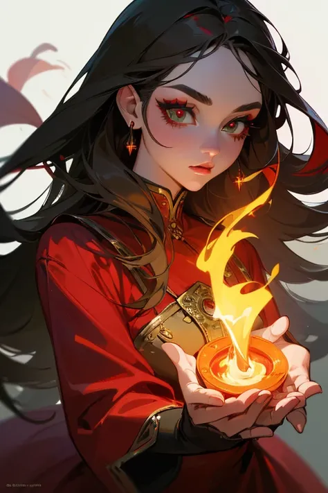 (highest quality, masterpiece:1.2), High resolution, Super detailed, realistic:1.37, fantasy, An illustration, green eyes、Fire Witch、 red dress.Platinum decoration、beautifully、Eyeshadow Red、dark eyebrows、long eyelashes、Pupils are black、Hair is light green