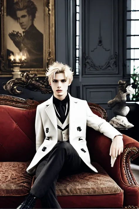 apparel advertising、Wearing a white coat、good looking、Italian、male、blonde、sitting on the sofa、looking diagonally to the right、winter、Inside a gothic room