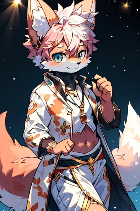 The lighting is perfect，light particles，（best quality），（masterpiece），（Super detailed），sharp focus，light particles，Pink fox，White clothing，White pattern，_exist肚子上，navel-baring outfit，Negi，Eyegod，blue_Eye，watching_exist_audience，Smile，alone，hairy，animal_ear_...