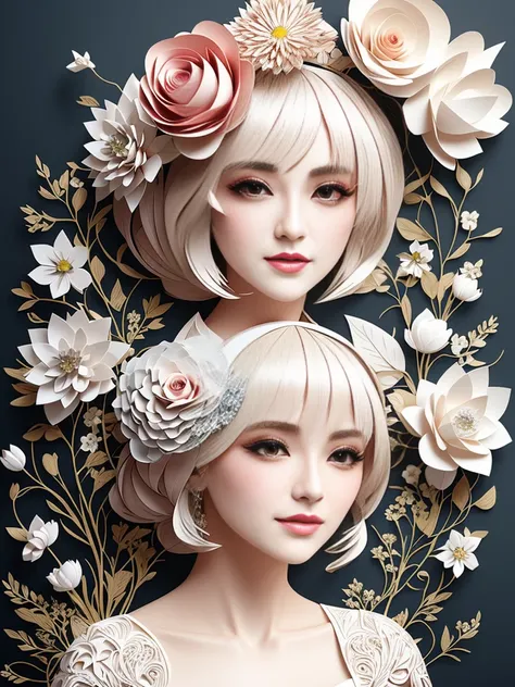 （（（paper art，paper cut out，）））There was a woman wearing a hat made of paper and paper flowers, Beautiful digital artwork, intricate wlop, pop japonisme 3 d ultra detailed, intricate digital painting, layered paper art, Detailed digital 3D art, Cute detaile...