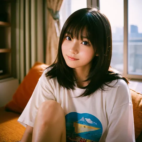 The face of a young, beautiful Japanese female idol posing like a model by the window. Focal length 100mmf/2.8, early winter night, living room on the upper floor of a tower apartment, plain T-shirt and shorts, close-up of eyes, film quality.