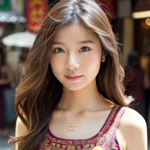 There is a cute asian girl, cheongsam, age22, Solo, oval face,long wavy hair, Looking at Viewer, Bare shoulders, Big Brown eyes, jewely, a necklace,  Realistic, walking in china town street