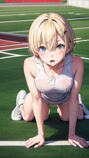 highly detailed images, 8K quality, european junior high school girl, beautiful girl, blonde, short hair, small breasts, beautiful feet,slimming, blush, Outside the athletics stadium, crawl on all fours, Butt is the main character,stick out your butt, Open...