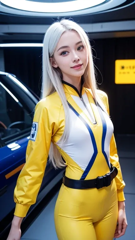 (masterpiece, best quality:1.2), solo, 1girl, smile, looking at viewer, arms behind back, long hair, white hair, blue eyes, yellow body suit outfits yamatosuit, black belt , standing on the walkway space  ship background 