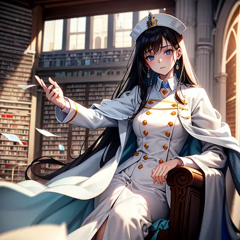 Brunette royal sister，Wearing a doctors white coat，The face is cold，Beautiful lady，without hat，In a deserted library