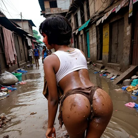 Desi teenage girl kissing her friend in dharavi slum. Covered in poop. Short hair. Dirty butt. Back shot 