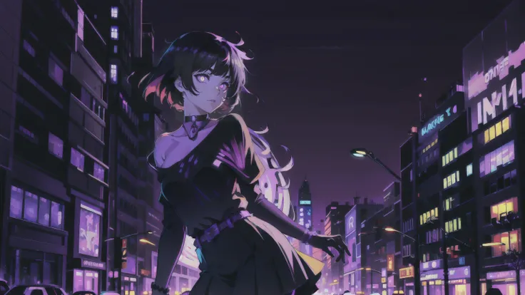 neon palette, 1girl, (masterpiece), short black hair, side swept bangs, dark purple eyes, oversized black shirt, black skirt, black pantyhose, black choker on neck. (purple gradient night time city background:1.5)