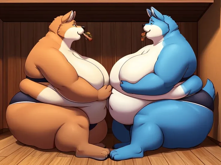 {Side view} a couple of furry siblings (Twins), [Older Sister], [Little brother], in a house indulging with food {Older Sister: female, canine, anthro, big paws, huge breasts:1.3), (flabby arms:1.5), (fat neck:1.2), long neck, (double chin:1.3), (chubby ch...