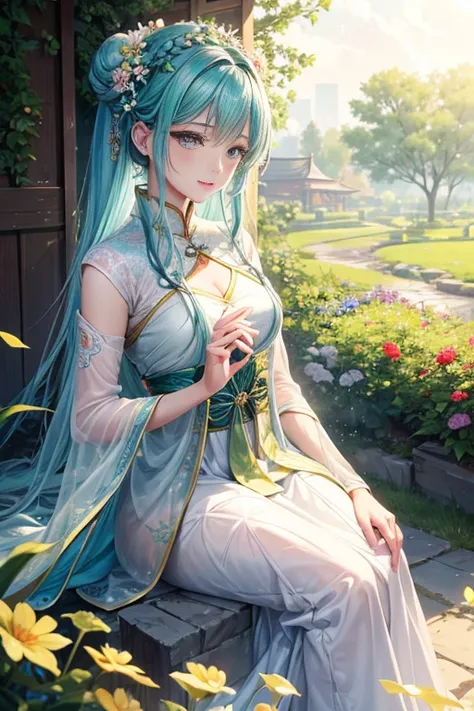 One bewitching woman，Standing in a wide garden。She wears a gorgeous flower crown，Hair braided with ribbons into an intricate and delicate bun。She has beautiful and detailed eyes，The eyes are clear and bright，As if I can see into people&#39;s hearts。There i...