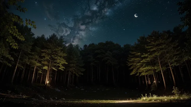 moon shining from between of leaves in forest , nature , love , perfect , clear , beautiful , night with stars and galaxy 