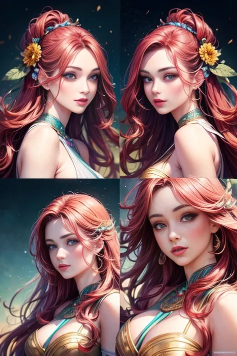 ((Multiple views of the same character)), beautiful detailed eyes, detailed lips, colorful clothing, flowing hair, confident facial expression, dynamic pose, vibrant background, natural lighting, realistic skin texture, high-resolution image, realistic sty...