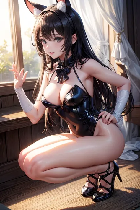 (best quality,4K,8k,high resolution,masterpiece:1.2),Super detailed,(actual,photoactual,photo-actual:1.37),illustration,Sexy,role play,Detailed eyes and face,Detailed lips,playful gesture,Cute anime girl squatting,Shinobo Kocho,anime character role play ph...