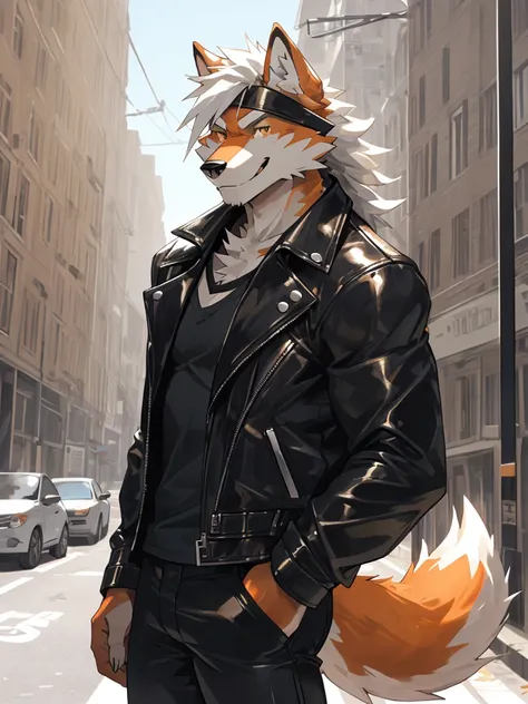 1man,Correct body structure,Correct finger structure,Correct pupil structure,single person, ((orange fur)), wolf, white hair, smile, brown pupils, wolf tail, strong, Medium length hair, Black leather jacket, black leather pants, on the street