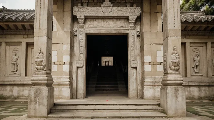 realistic portrait, a wide staircase with an open entrance without doors, the background is a wall of a temple building with many wall reliefs, high resolution, real picture, photography. temple building real from Indonesian 