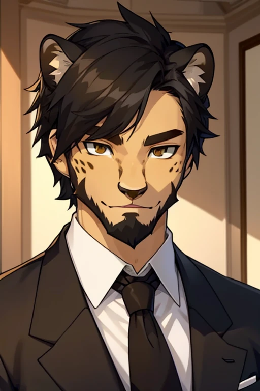 best quality,ultra-detailed,realistic,semi-long black hair,bearded male,formal attire,tall male wearing black pants and a white t-shirt,teenage boy with short hair,a cheetah-human hybrid with the face of a cheetah,solo portrait of a male with the features ...