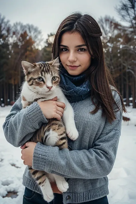 beautiful girl holding a kitten in her arms in winter