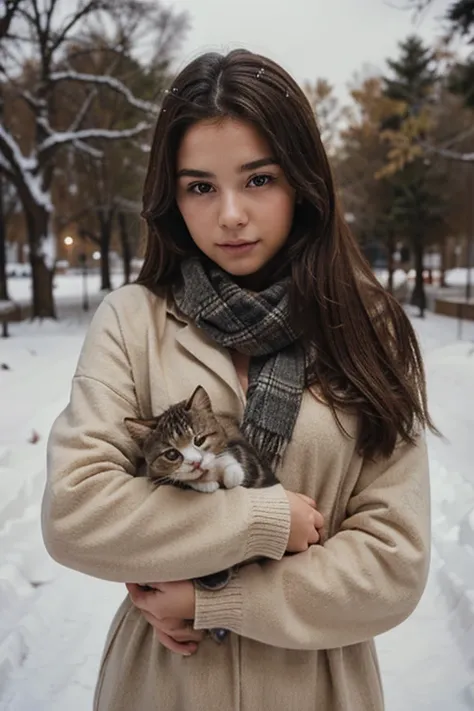 beautiful girl holding a kitten in her arms in winter