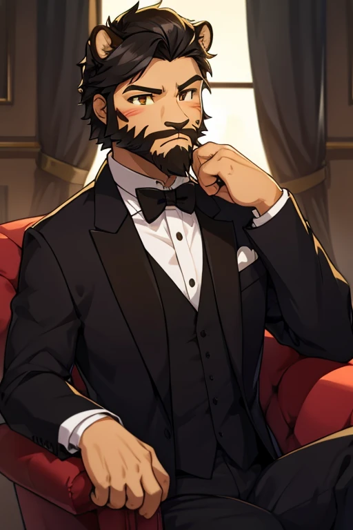 Cheetah-human, male, younger, beard, cheetah face, cheetah head, hair, formal clothes, non-human, black hair, dick