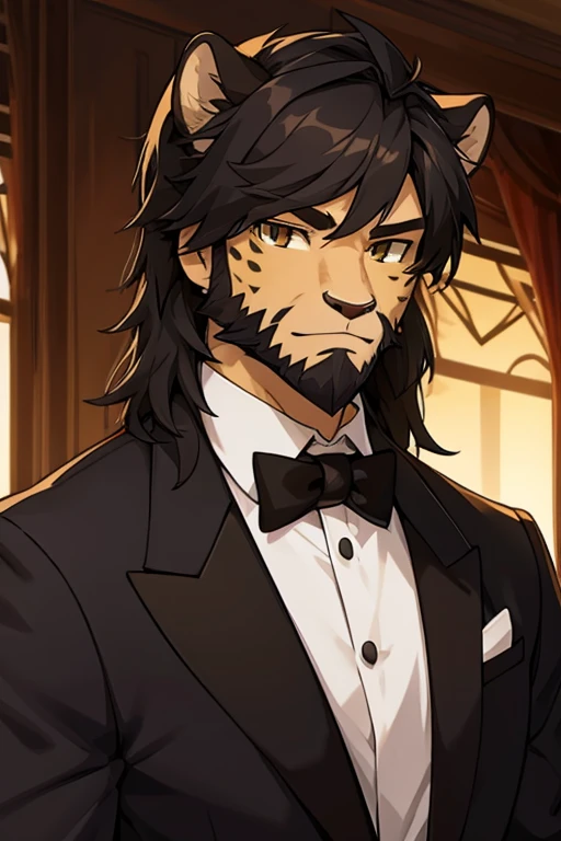 Cheetah-human, male, younger, beard, cheetah face, cheetah head, hair, formal clothes, non-human, black hair, dick