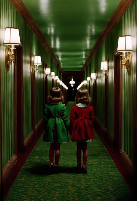 A scene from the movie "The Shining" . The corridor of the Overlook Hotel.  Gloomy mood. Two twin girls at the end of the hallway.  Greenish light. Hyperdetailing., perfect composition, beautiful complex insanely detailed octane rendering on trend at artst...