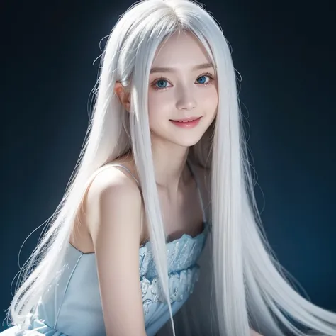 long white hair，blue dress，Golden pupils，loli，Smile，whole body，individual，petite，Exquisite，Beautiful and clear facial features