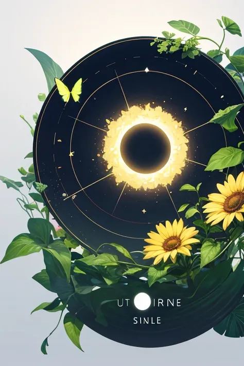 UI interface frame design, simple background, shape of a circle, Leaves, branch, vine, flowers, Little butterflies, particle effects, Beautifully