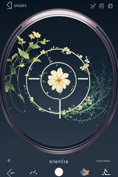 UI interface frame design, simple background, shape of a circle, Leaves, branch, vine, flowers, Little butterflies, particle effects, Beautifully