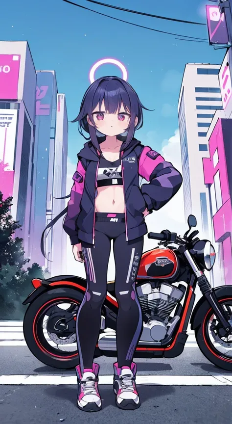 obra de arte, melhor qualidade, Garota cyberpunk confiante, Tiro de corpo inteiro, ((standing in front of the motorcycle)), Roupa pop inspirada em Harajuku, bold colors and patterns, attractive accessories, penteado moderno e inovador, maquiagem vibrante, ...