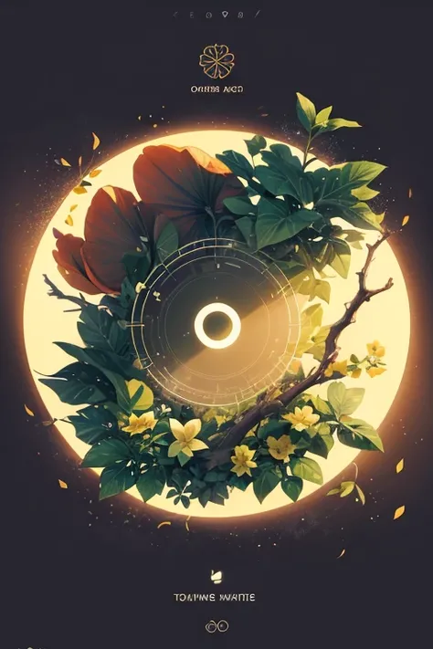 UI interface frame design, simple background, shape of a circle, Leaves, branch, vine, flowers, Little butterflies, particle effects, Beautifully