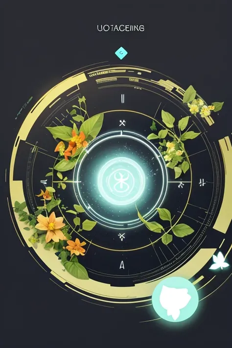 UI interface frame design, simple background, shape of a circle, Leaves, branch, vine, flowers, Little butterflies, particle effects, Beautifully