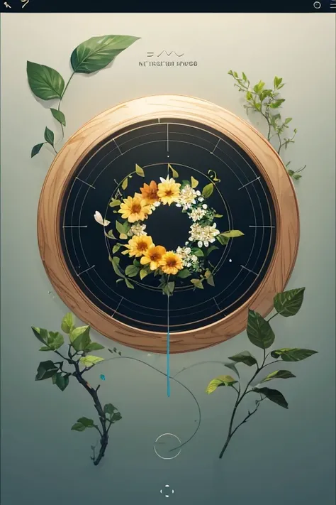 UI interface frame design, simple background, shape of a circle, Leaves, branch, vine, flowers, Little butterflies, particle effects, Beautifully