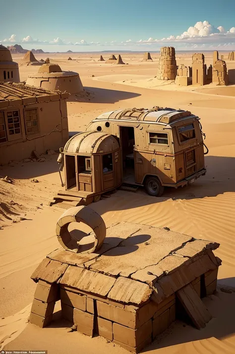 A world.where civilization has collapsed,and what remains of humanity struggles to survive in a vast desert,There may be relics of ancient cities buried in the sand and nomadic societies that travel in caravans, just the landscape
