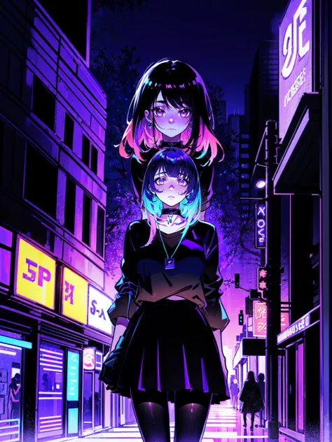 neon palette, 1girl, (masterpiece), short black hair, side swept bangs, dark purple eyes, oversized black shirt, black skirt, black pantyhose, black choker on neck. (purple gradient night time city background:1.5)