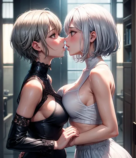 two women,highest quality,high school girl,Super beautiful girl,beautiful breasts,big breasts,Belly exposure,erect nipples,silver hair,short hair,sweat all over,open your mouth,cleavage,From the side down,upper body sideways,side boob,Upper body,underboob,...