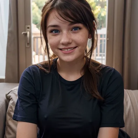 Girl teen with medium breasts wearing a black and purple tshirt has blue eyes brown hair and freckles and smiling at viewer