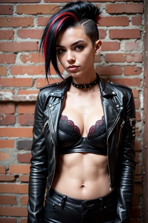 Young punk girl, 25 years old, multi-colored hair, ((red-black hair)), ((mohawk)) slender figure, black biker jacket, cleavage, black leather bra with spikes, black leather pants, posing against a red brick wall, visual  contact, looks at viewer, masterpie...