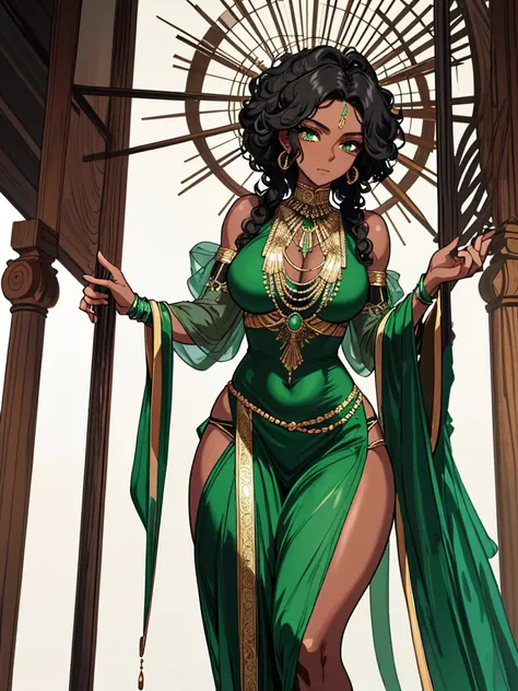 a woman with resplendent black skin, with curly black hair that forms a natural frame, displays emerald green eyes that capture ...