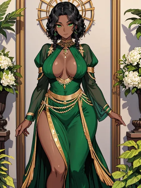 A woman with resplendent black skin, with curly black hair that forms a natural frame, displays emerald green eyes that capture attention. Her body features an elegant slim waist, robust thighs and a delicately , while wearing a stunning Grecian outfit tha...